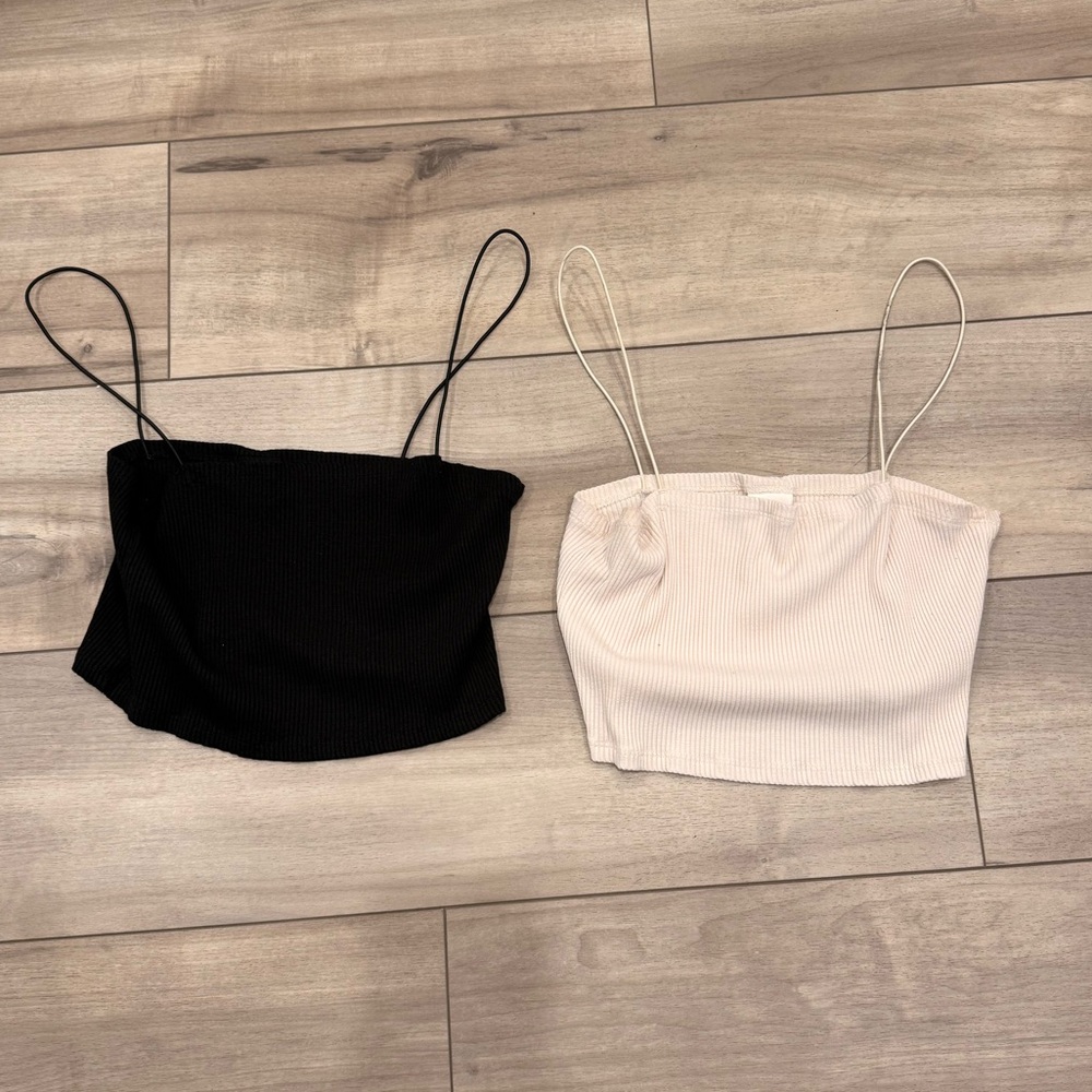 H&M Ribbed Spaghetti Strap Crop Tops - Black & Cream